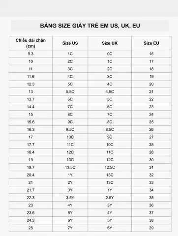 Bảng Size Giày Trẻ Em Uk Chuẩn Nhất: Hướng Dẫn Đo & Chọn Size Cho Bé